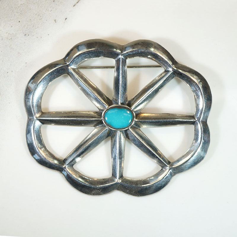 Rayed Coin Silver & Turquoise Brooch