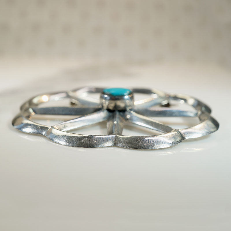 Rayed Coin Silver & Turquoise Brooch