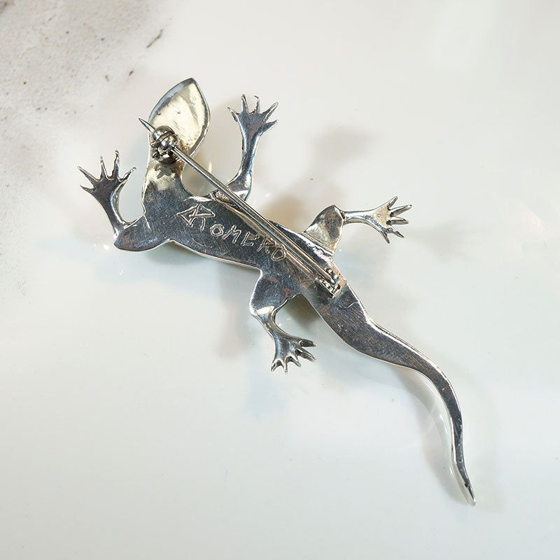 Wriggly Lizard Silver & Stone Inlay Brooch by D. Romero