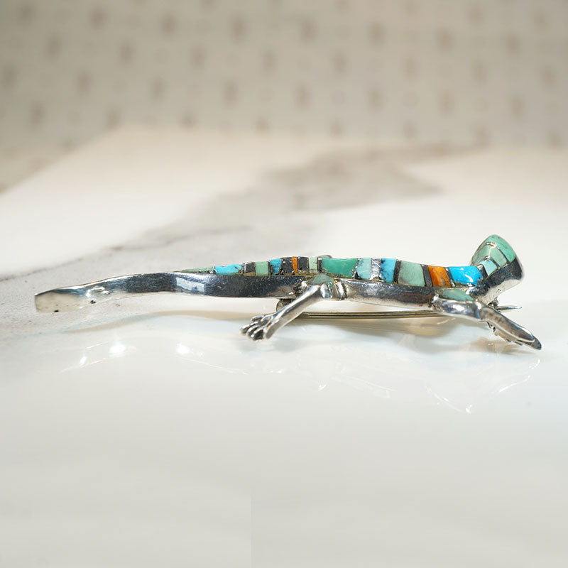 Wriggly Lizard Silver & Stone Inlay Brooch by D. Romero