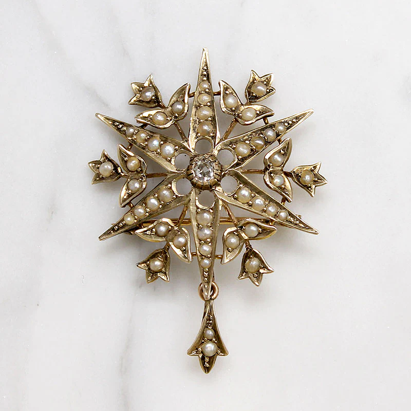 Stars & Tulips Brooch with Pearls & Old Mine Cut Diamond