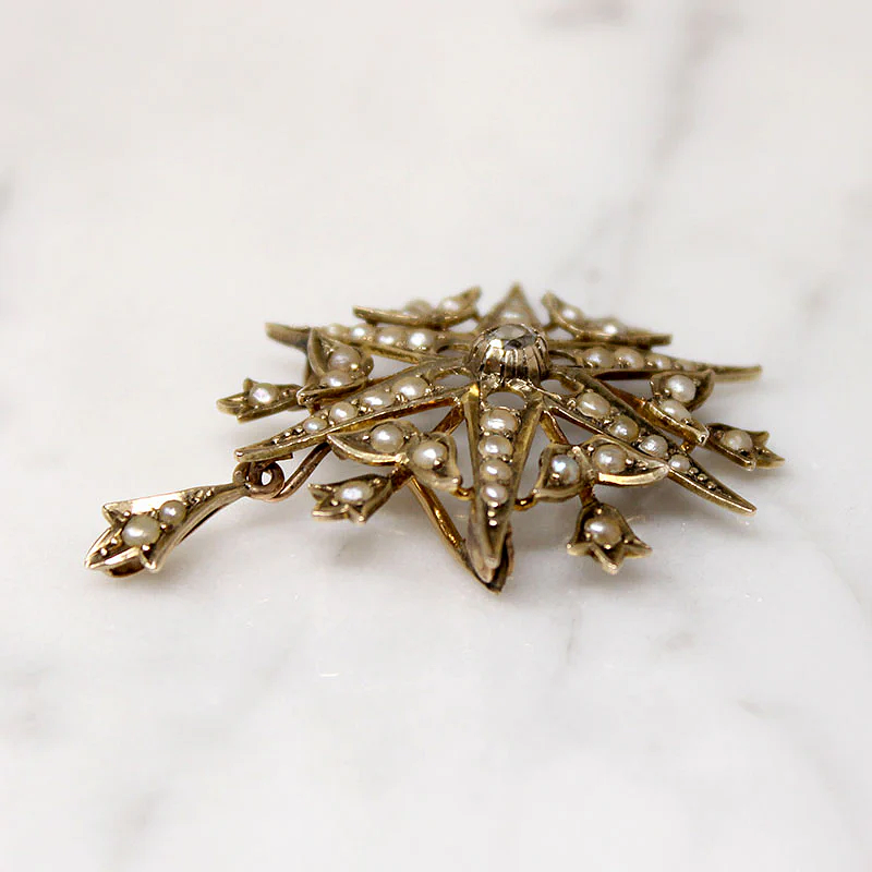 Stars & Tulips Brooch with Pearls & Old Mine Cut Diamond