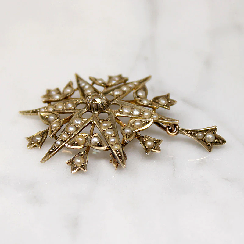 Stars & Tulips Brooch with Pearls & Old Mine Cut Diamond