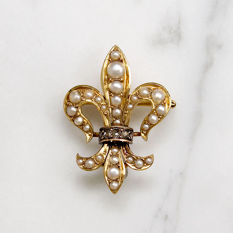 Regal Fleur-de-Lis Rose Cut Diamond & Pearl Brooch