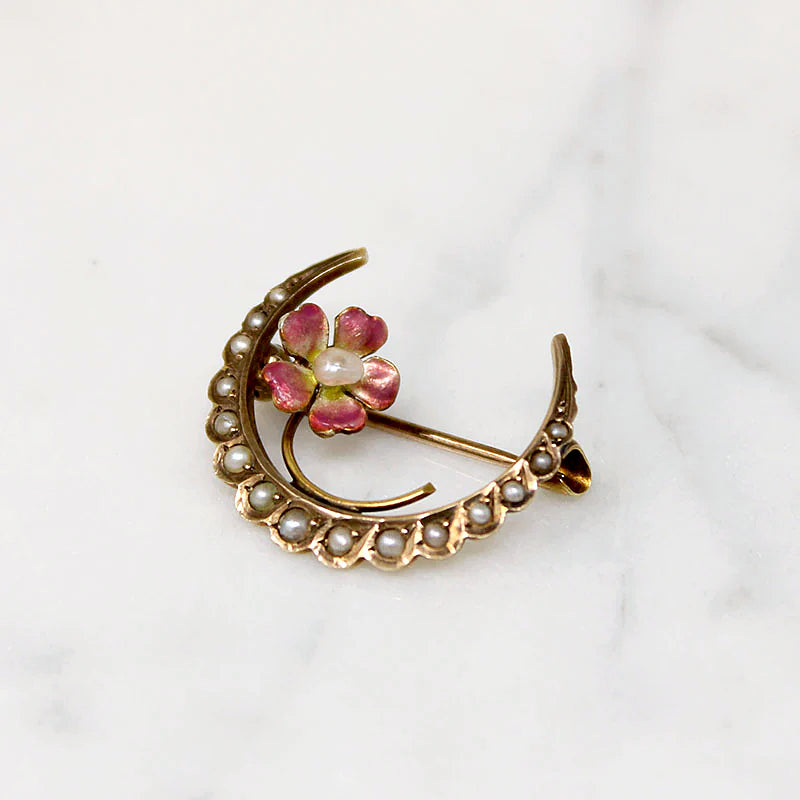 Darling Crescent Moon & Enameled Flower Brooch