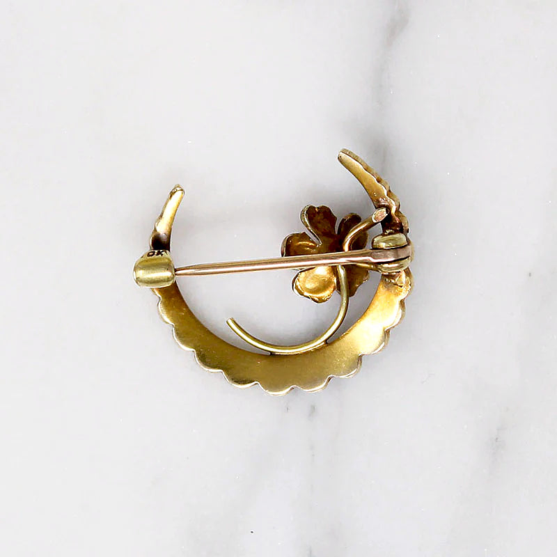 Darling Crescent Moon & Enameled Flower Brooch