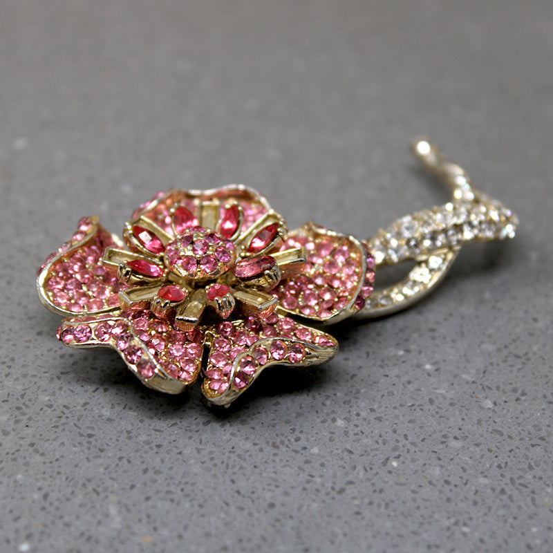 Cheerful Pink & White Rhinestone Flower Brooch