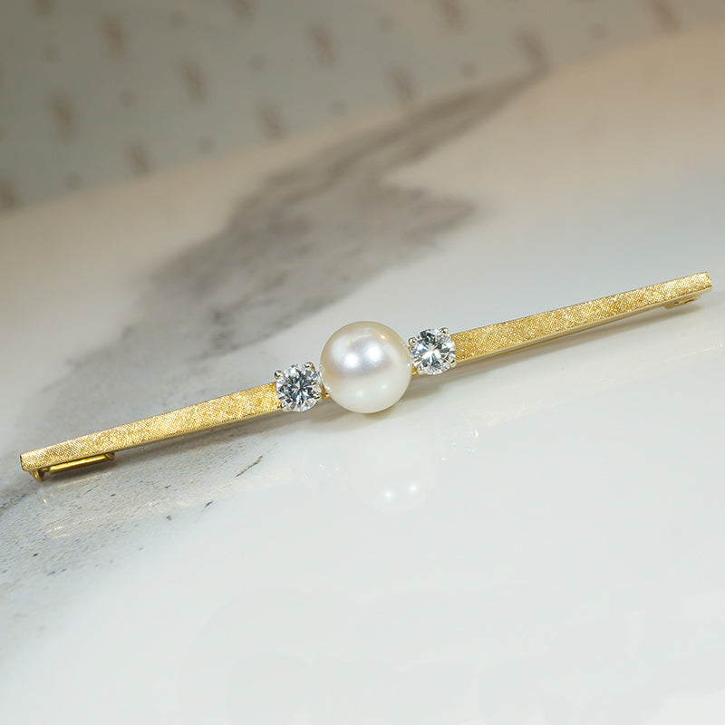 Sophisticated Mid Century Diamond & Pearl Bar Pin