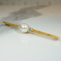 Sophisticated Mid Century Diamond & Pearl Bar Pin