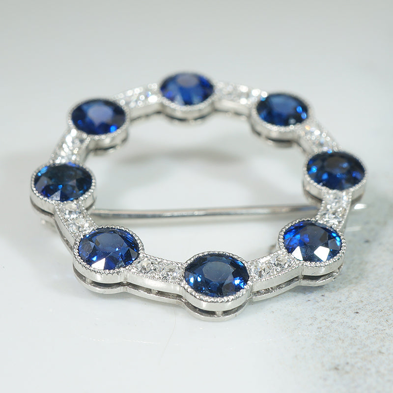Superb Sapphire & Diamond Platinum Circle Brooch
