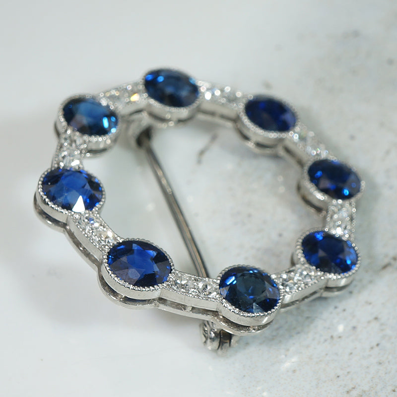 Superb Sapphire & Diamond Platinum Circle Brooch