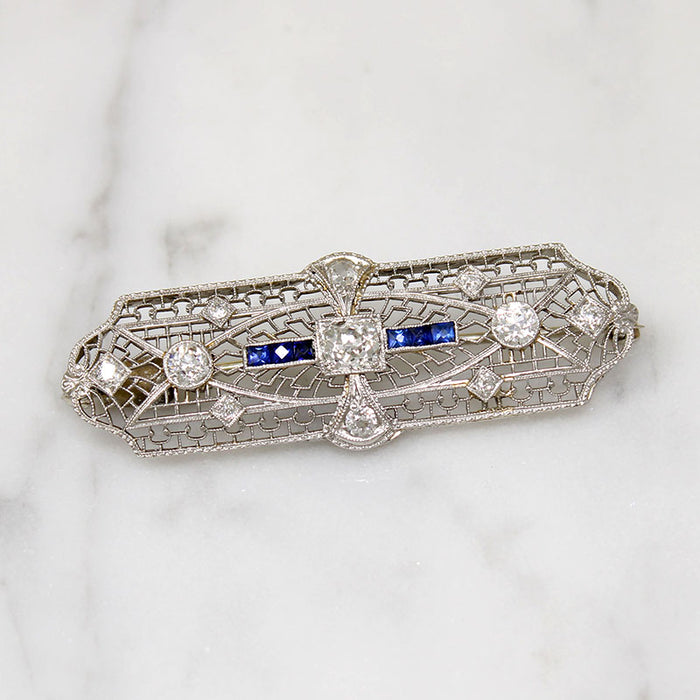Gossamer Art Deco Old Mine Cut Diamond & Sapphire Brooch