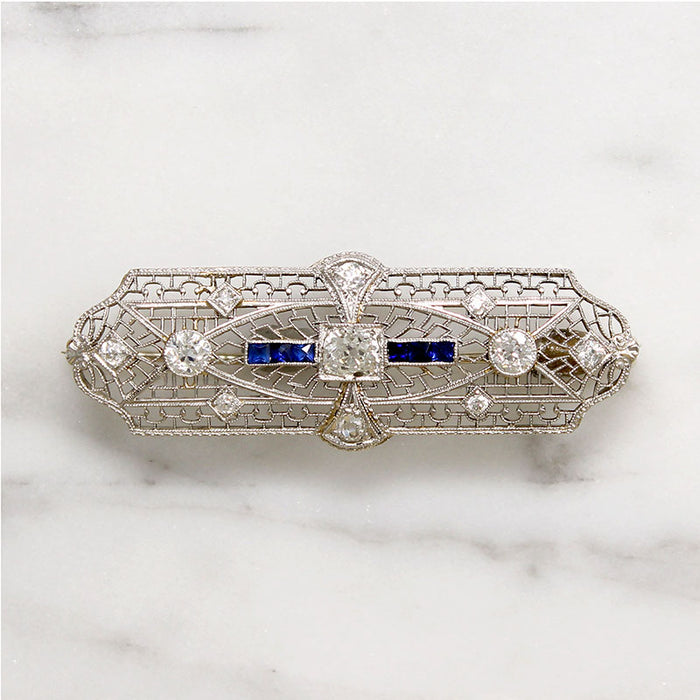 Gossamer Art Deco Old Mine Cut Diamond & Sapphire Brooch