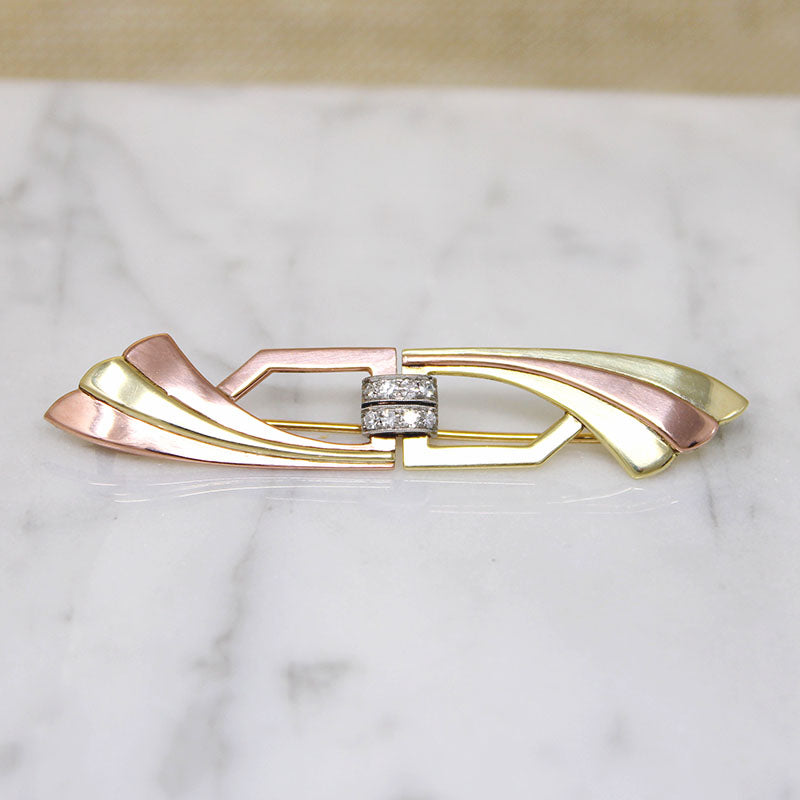 Yellow & Rose Gold Retro Brooch with Diamond-Set Platinum 