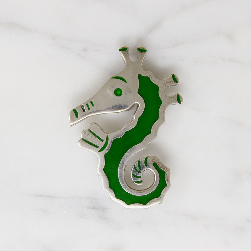 Graphic Sterling & Green Enamel Seahorse Brooch
