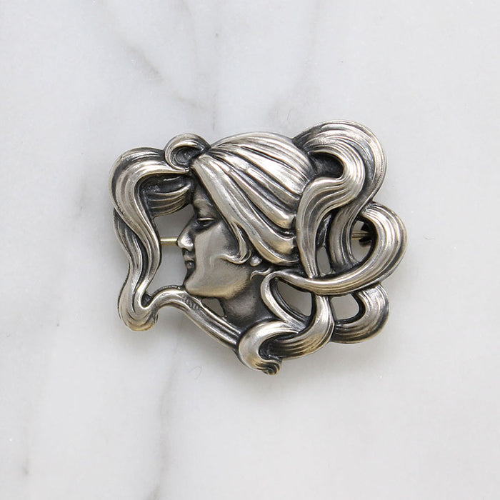 Art Nouveau Lovely Lady with Wild Tresses Brooch
