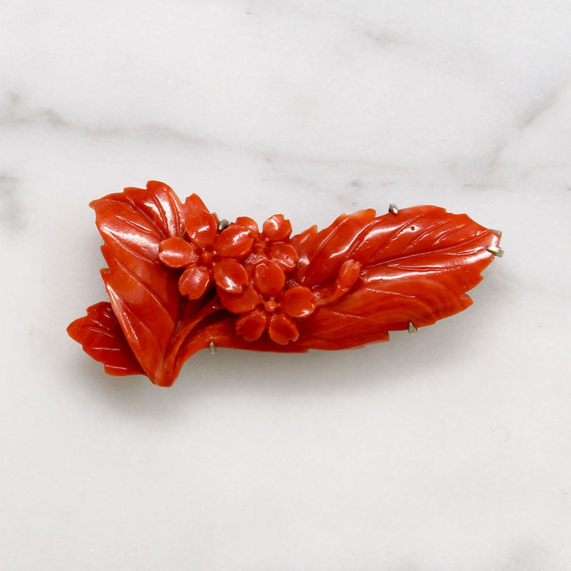 Rich Red Chinoiserie Carved Flower Brooch