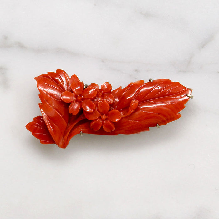 Rich Red Chinoiserie Carved Flower Brooch