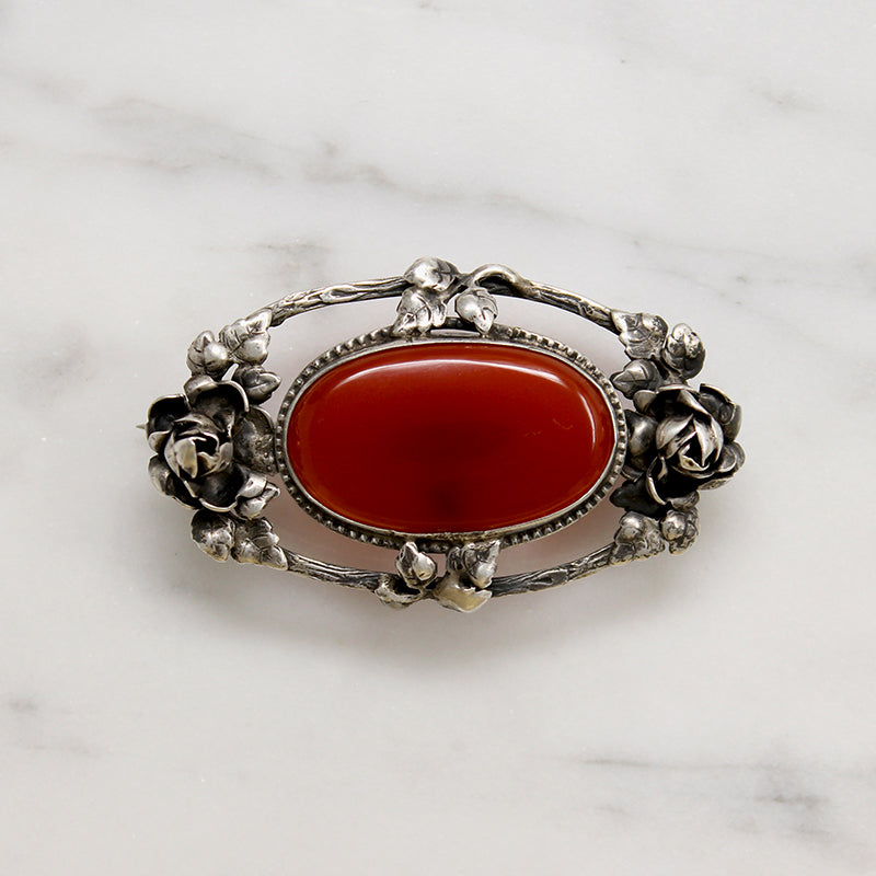 Haunting Blood-Red Carnelian & Silver Rose Brooch