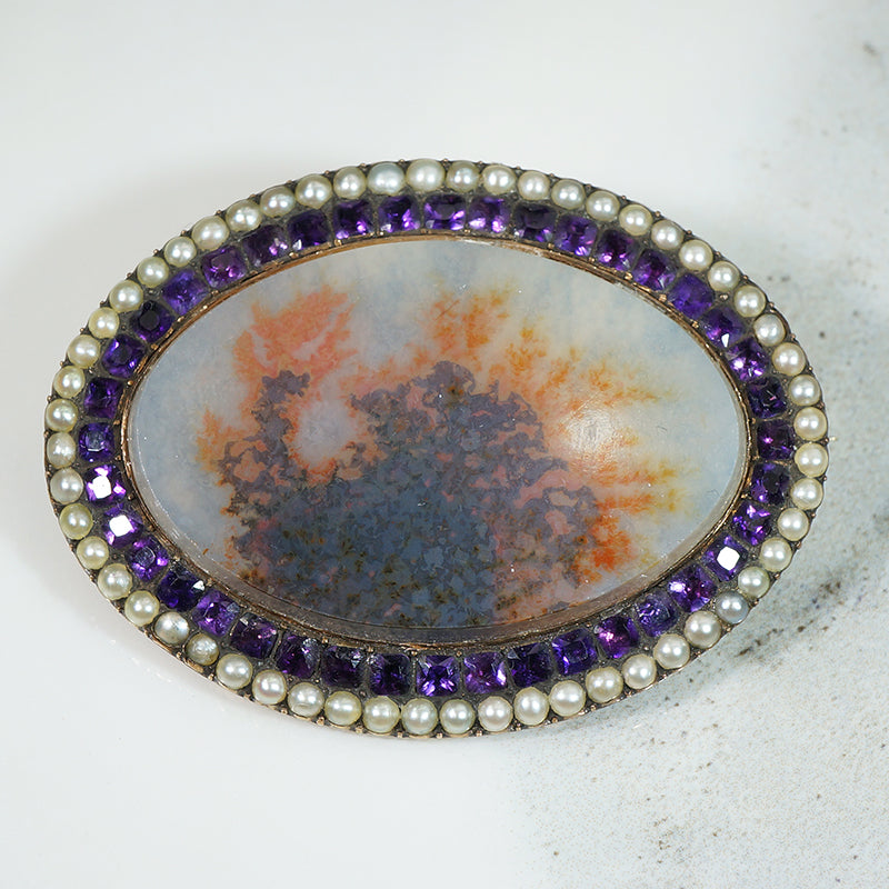 Rare Agate Amethyst and Pearl Brooch c1810