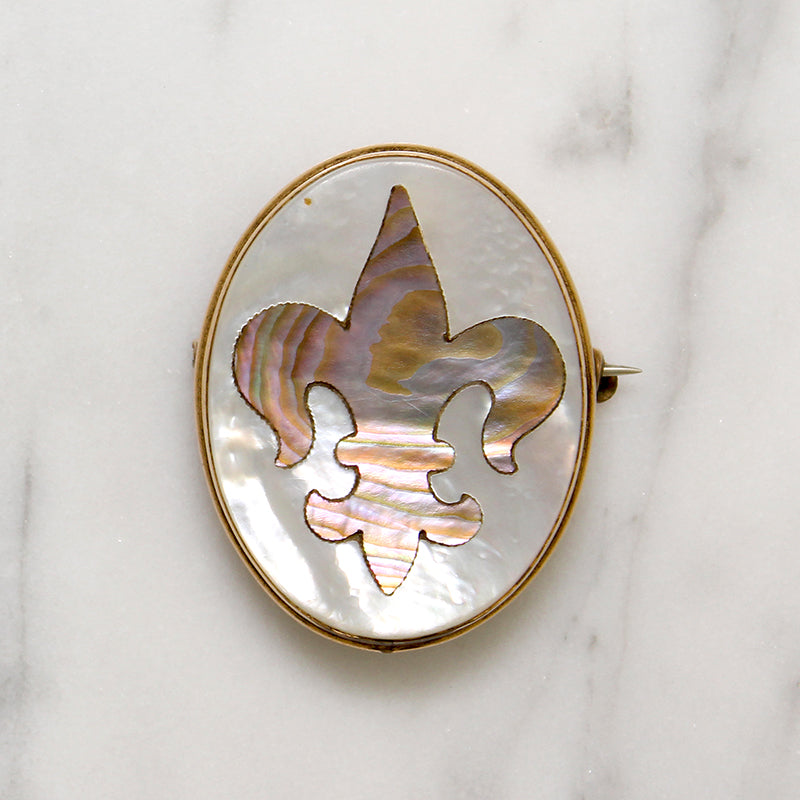 Shimmering Shell Inlay Fleur de Lis Brooch