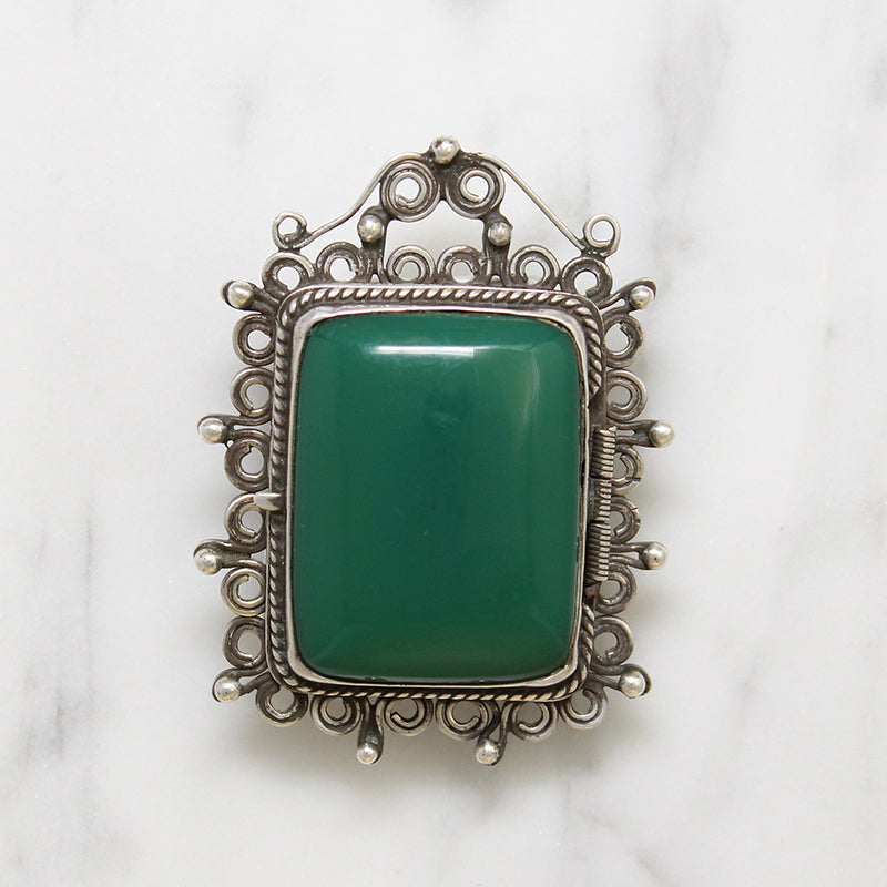 Green Onyx & Sterling Filigree Locket Brooch