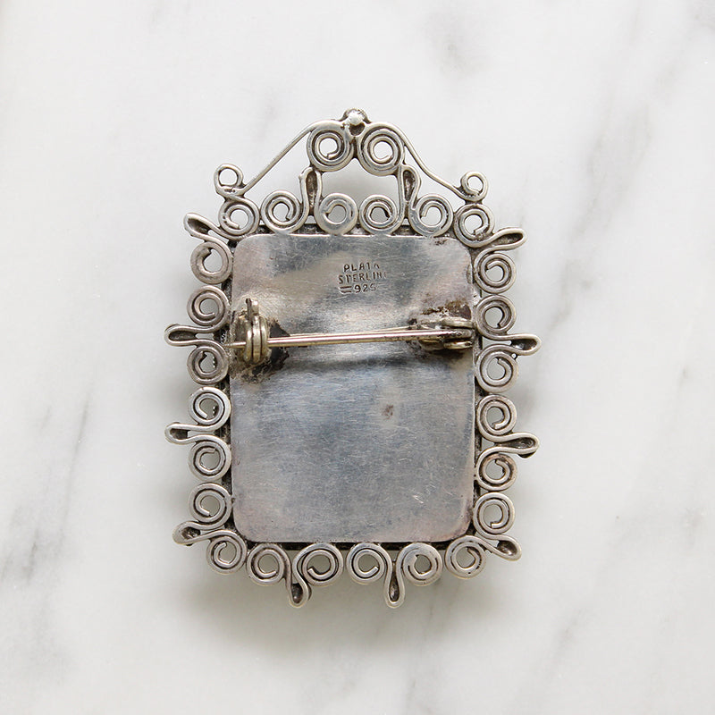 Green Onyx & Sterling Filigree Locket Brooch