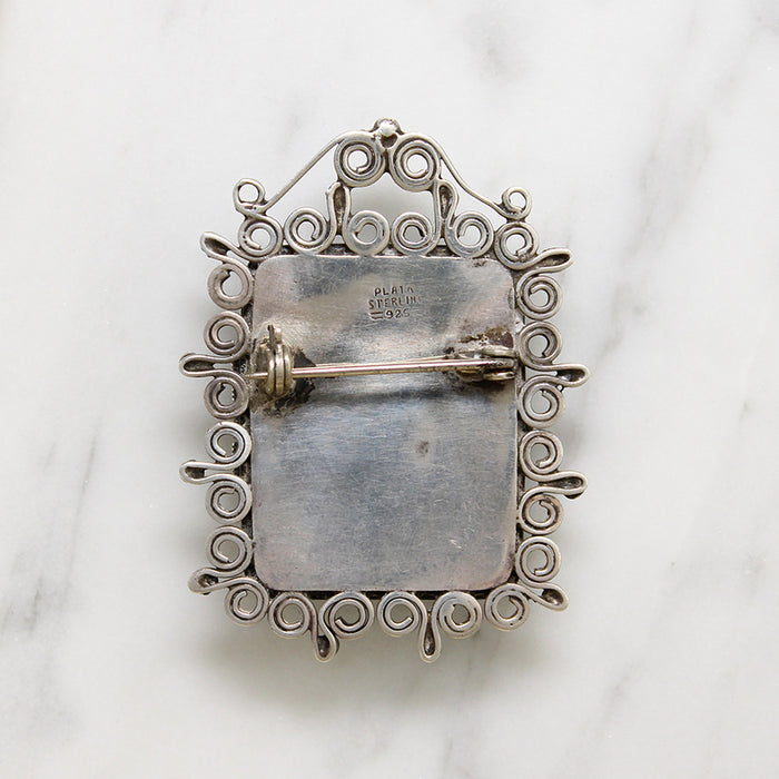 Green Onyx & Sterling Filigree Locket Brooch