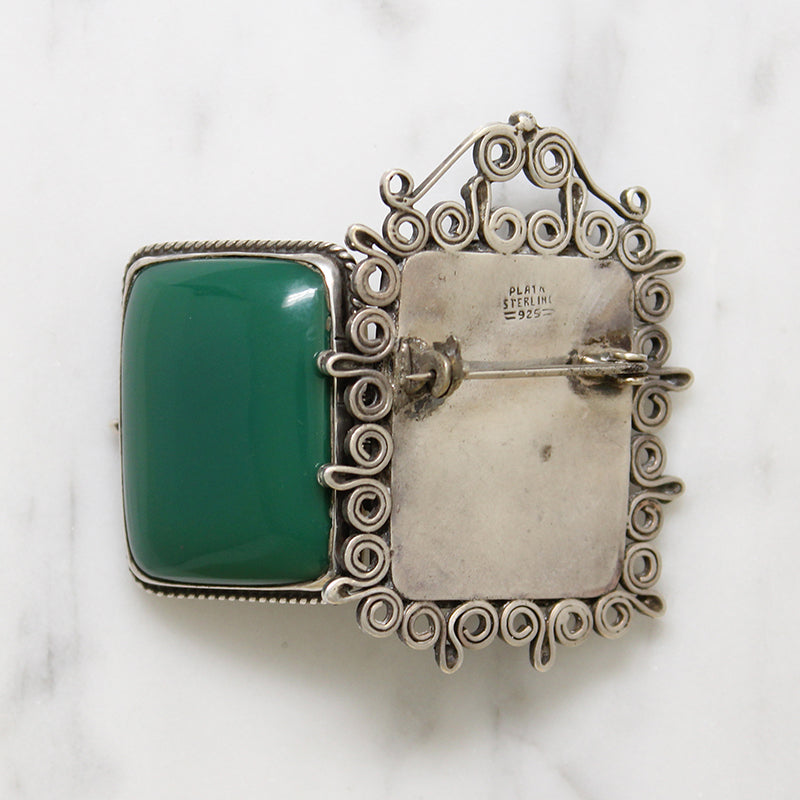 Green Onyx & Sterling Filigree Locket Brooch