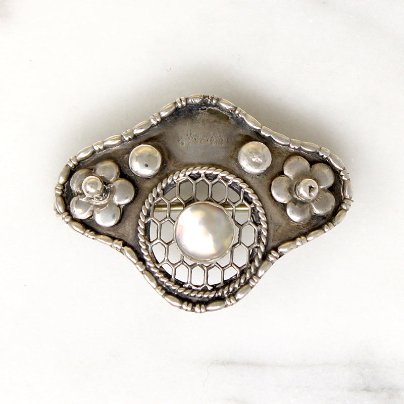 Honeycomb & Flowers Sterling Chas Horner Brooch