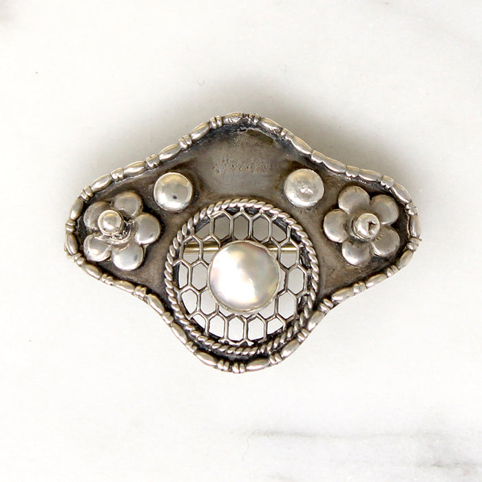 Honeycomb & Flowers Sterling Chas Horner Brooch