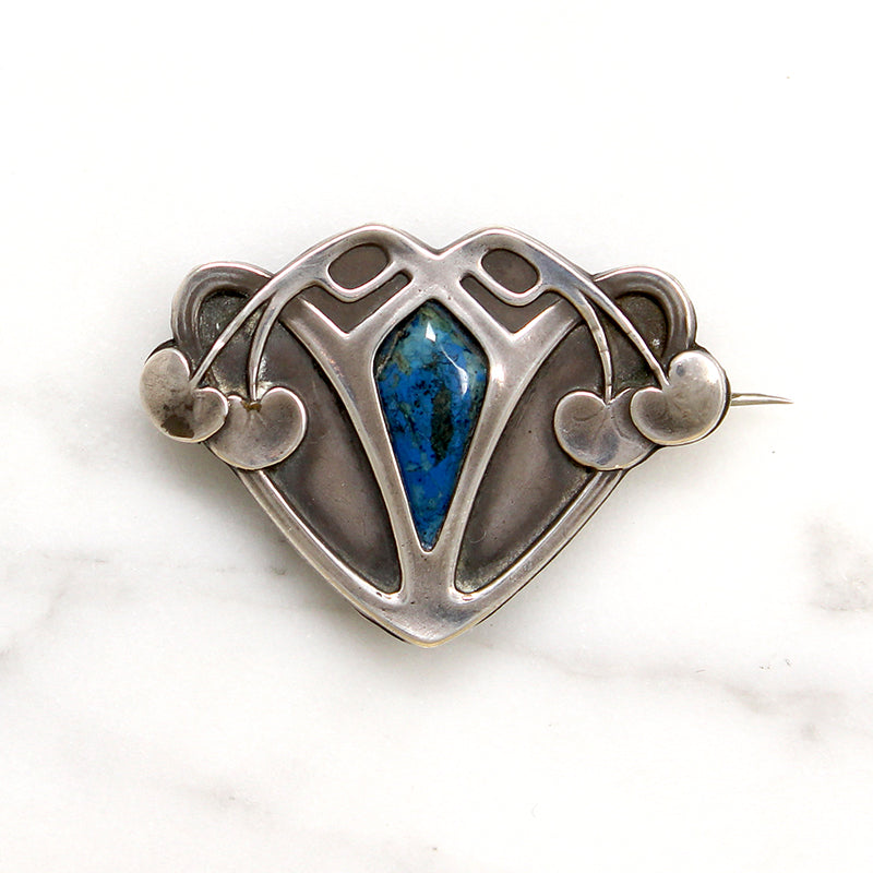 Silver & Lapis Cherry Motif Arts & Crafts Brooch