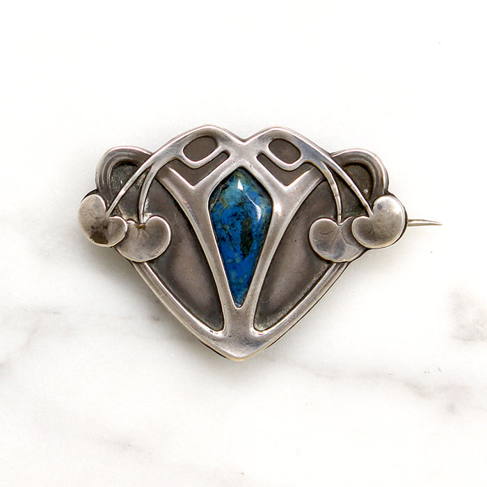 Silver & Lapis Cherry Motif Arts & Crafts Brooch