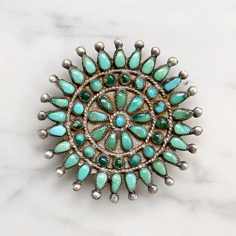 Radiant Zuni Turquoise Petit Point Sunflower Brooch