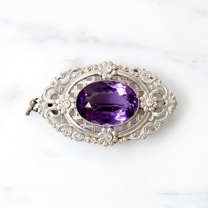 Brilliant Amethyst in Exuberant 14k White Gold Brooch