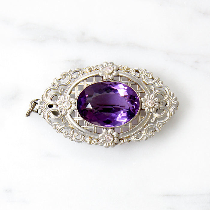 Brilliant Amethyst in Exuberant 14k White Gold Brooch