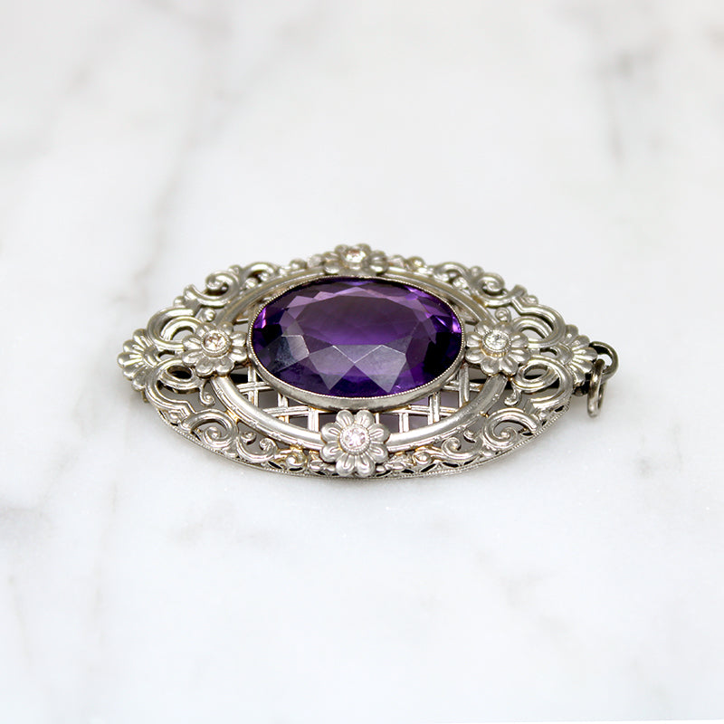 Brilliant Amethyst in Exuberant 14k White Gold Brooch