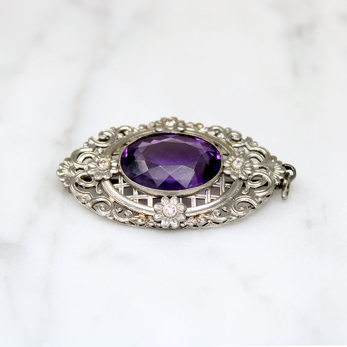 Brilliant Amethyst in Exuberant 14k White Gold Brooch