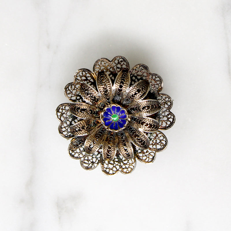 Silver Gilt Filigree & Enamel Flower Brooch 