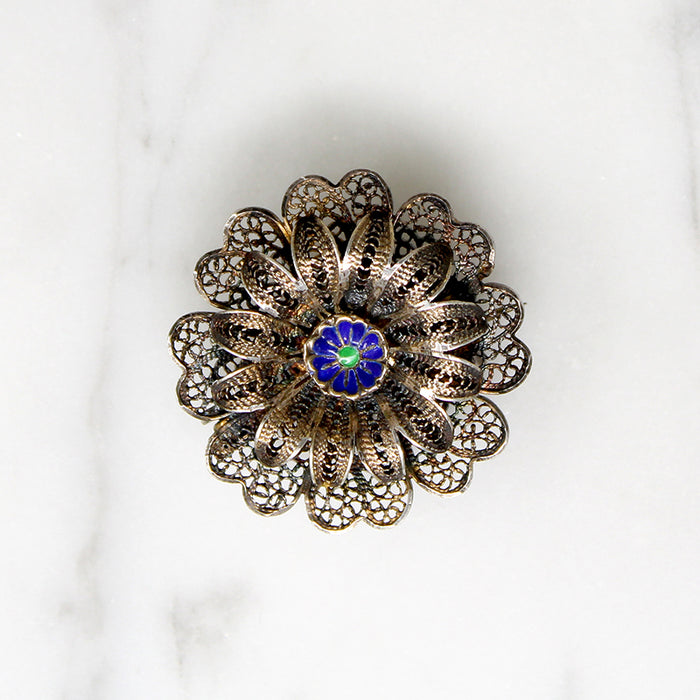 Silver Gilt Filigree & Enamel Flower Brooch 