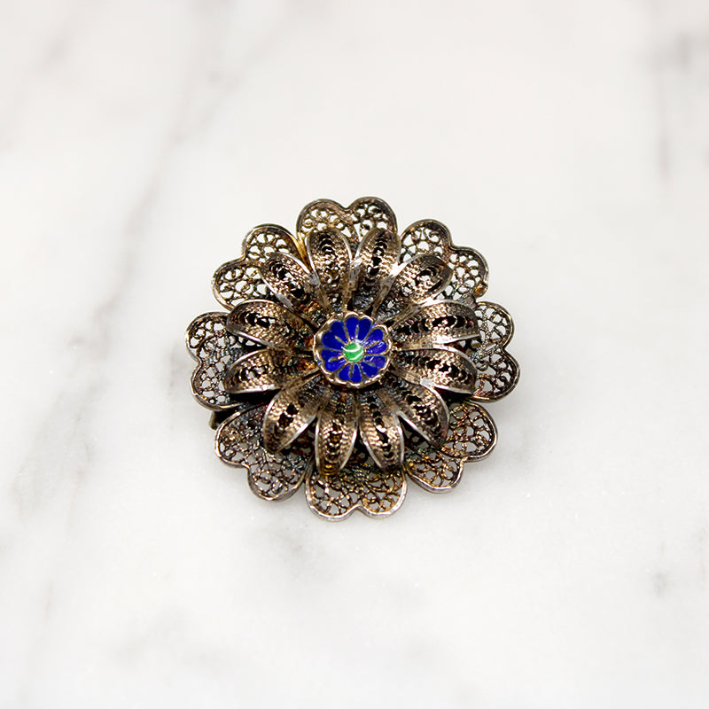Silver Gilt Filigree & Enamel Flower Brooch 