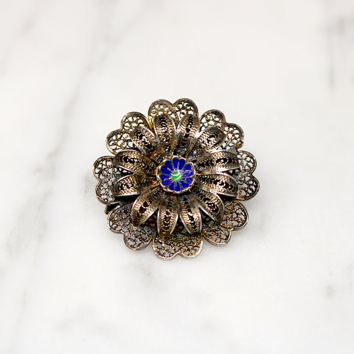 Silver Gilt Filigree & Enamel Flower Brooch 