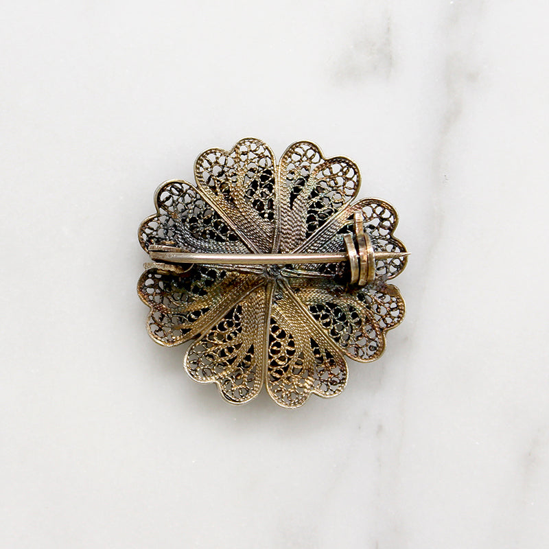 Silver Gilt Filigree & Enamel Flower Brooch 