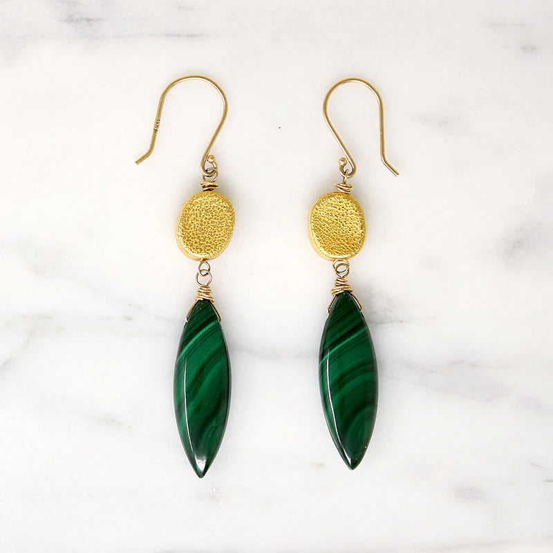 Malachite Drops Earrings with Luxe Gold Beads by brunet