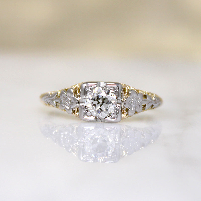 Two-Tone Floral Engagement Ring with Old Euro Cut Diamond