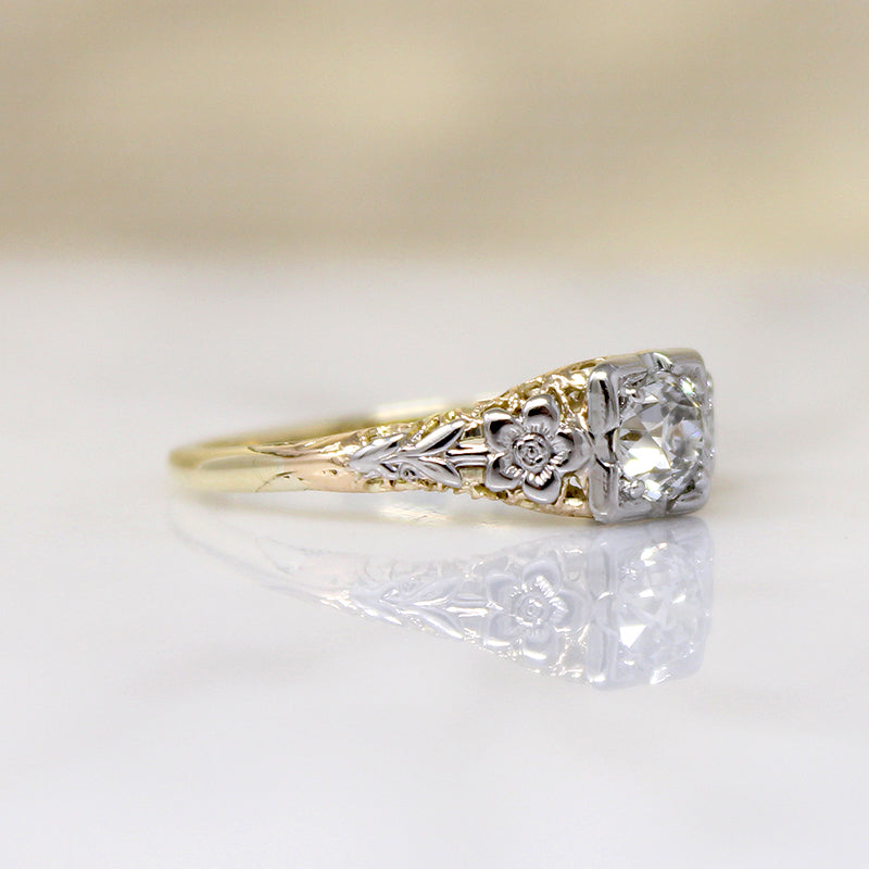 Two-Tone Floral Engagement Ring with Old Euro Cut Diamond