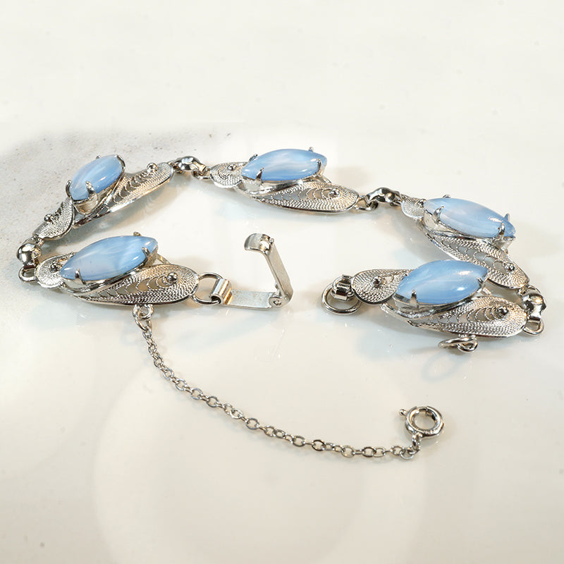 Sterling Filigree & Blue Glass Cats Eye Bracelet