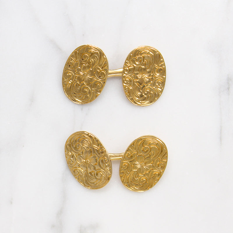 Edwardian Exquisitely Engraved 14k Gold Cuff Links