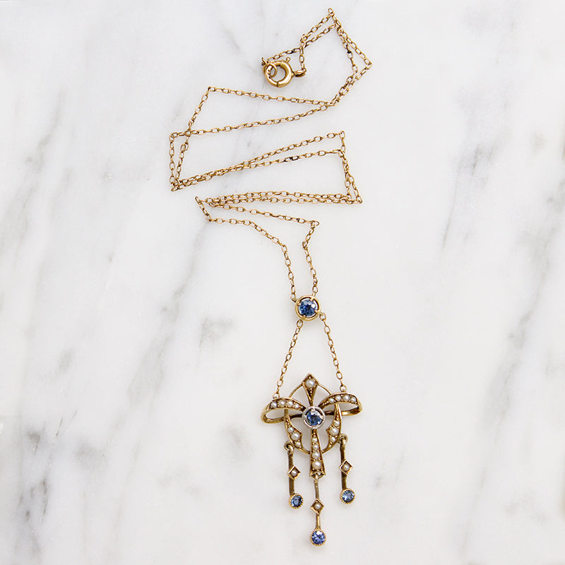 Exquisite Art Nouvead Sapphire & Pearl Lavalier Necklace