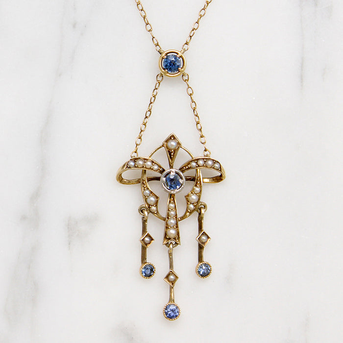 Exquisite Art Nouvead Sapphire & Pearl Lavalier Necklace